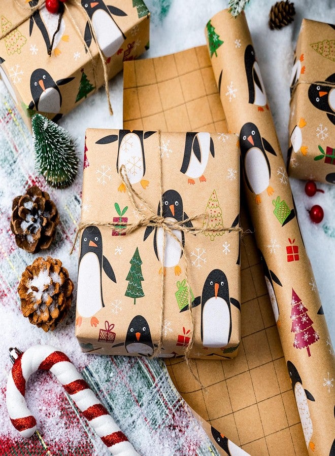 MAYPLUSS Christmas Wrapping Paper Roll - 17IN X 33FT - Kraft Gift Wrapping Paper Featuring Cute Penguin Christmas Tree Snowflake Reversible Cut Lines for Kids, Holiday, New Year - Image 2